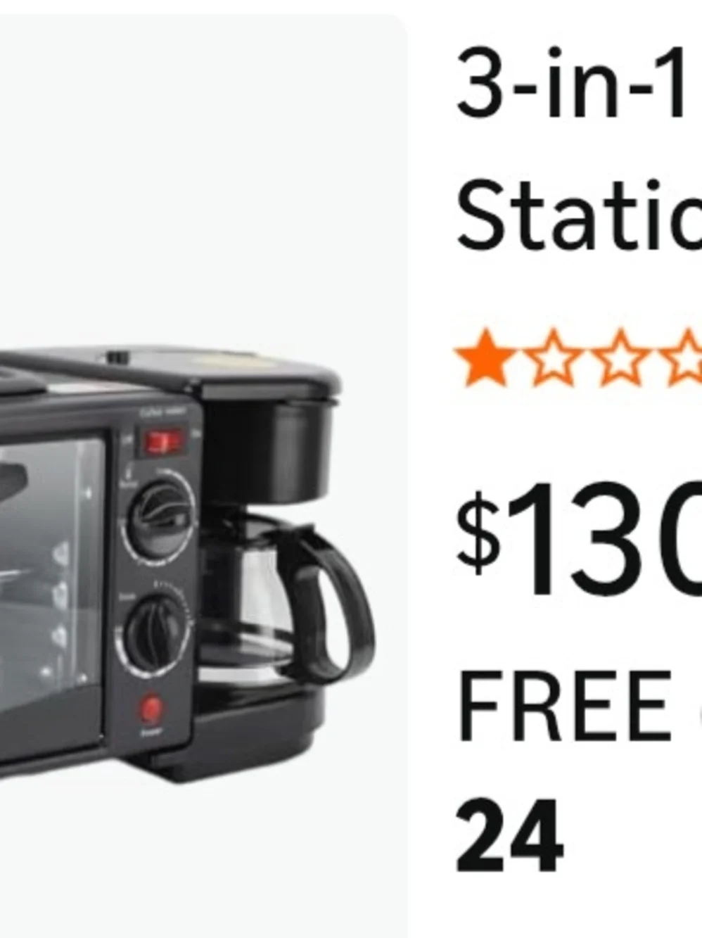 3-in-1 Breakfast Station with Coffee Maker, 4-Slice Toaster Oven, Non-Stick Grid